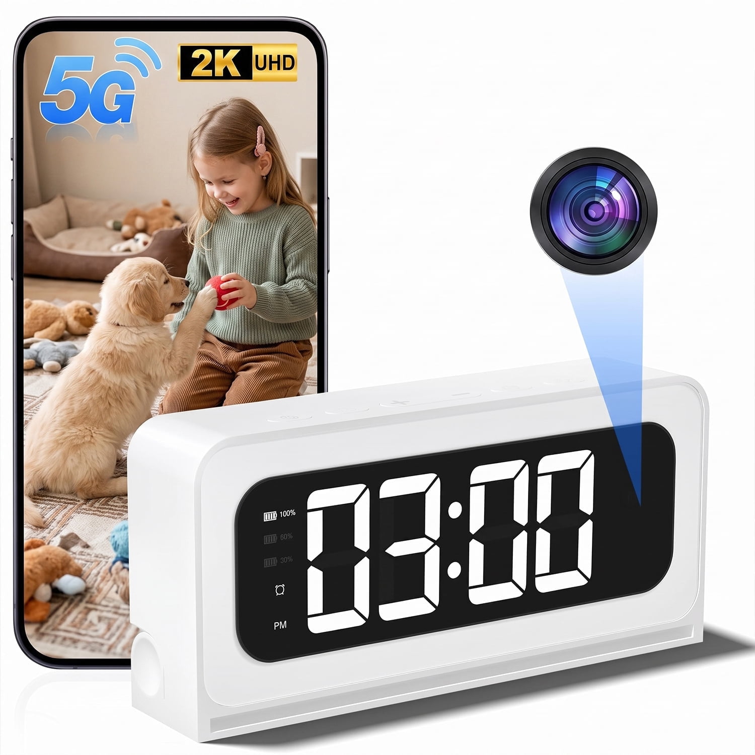 2K Alarm Clock Camera, 5G&2.4G WiFi Baby Camera, Wireless Indoor Camera for Home Security, Color Night Vision, Two-Way Talk, AI Motion Detection
