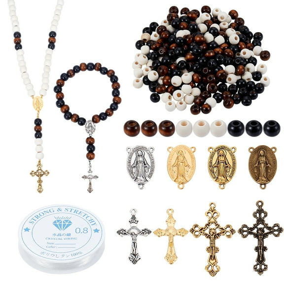 1set Rosary Jewelry Making Kits including Wood Beads Elastic Thread Alloy & Links Mixed color 10mm Hole: 4mm