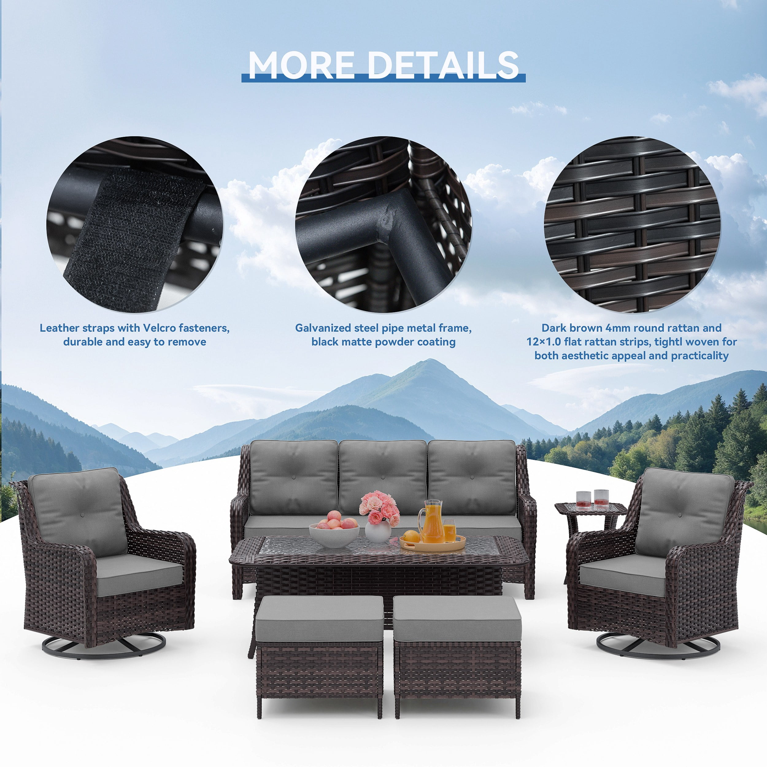 ALAULM 7PCS Rattan Patio Furniture Set, Wicker Outdoor Sofa Set w/2 Swivel Rocking Chairs, 2 coffee tables of different sizes, 2 Ottomans, Gray