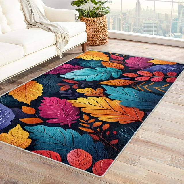 Leaf Rug Nursery - 4x5 Rug - Leaf Rug - Cute Colorful Leaves Area Rug - Kids Plant Rugs - Botanical Carpet
