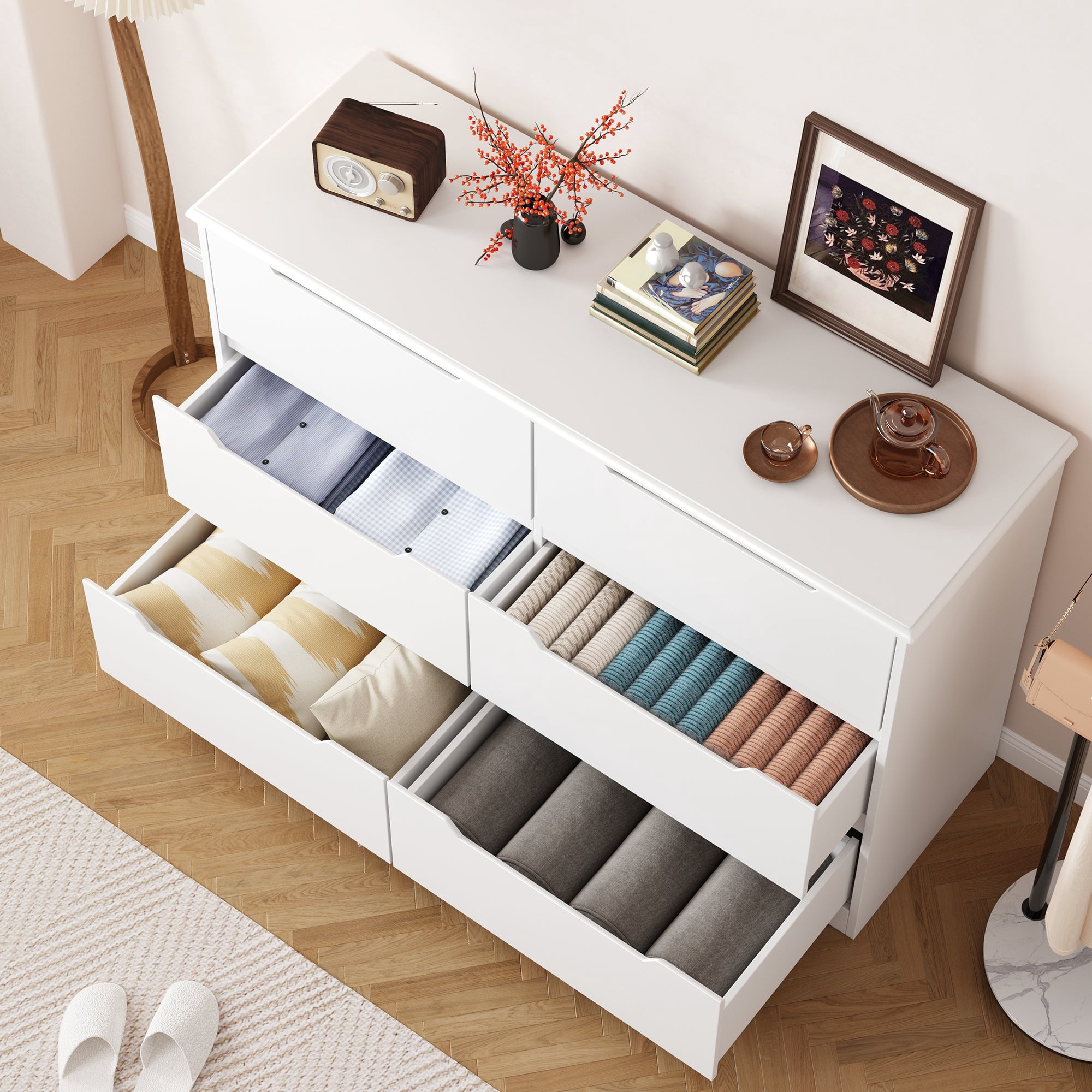 Modern 6 Drawer Double Dresser, White Wood Chest of Drawers with Cut-Out Handles, Sturdy Storage Organizer for Bedroom Living Room Hallway