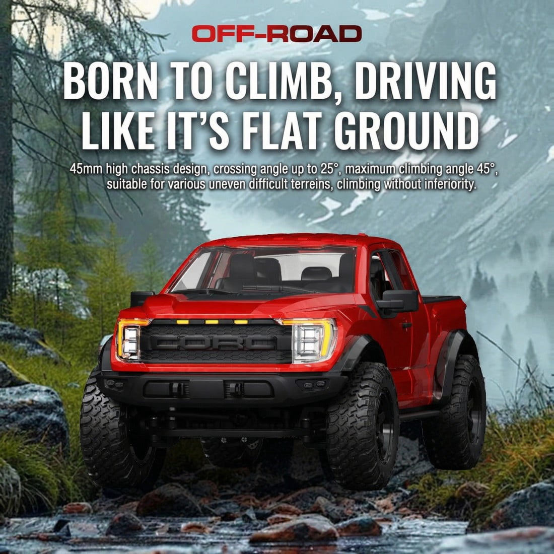 R12-01Q 1:12 Scale Off-Road Pickup RC Car, 2.4G Proportional Throttle & Cruise Control RC Crawler with LED Light System, All-Terrain Drift Model for Adults - RTR