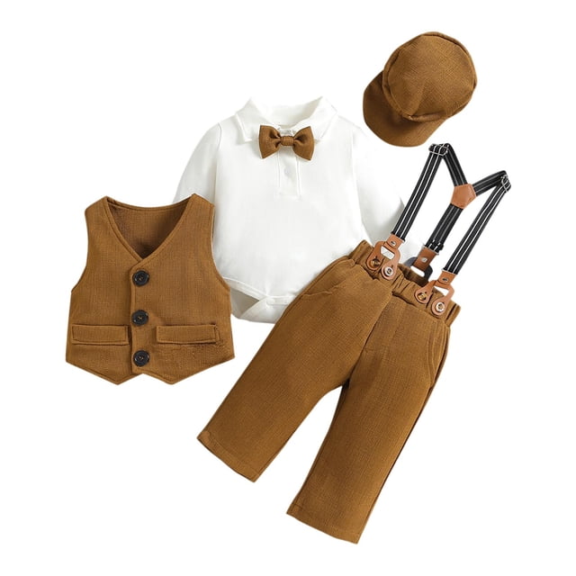 Odeerbi 0-2 Años Niños Caballero Traje Formal Cumpleaños Primer Año Trajes Conjunto Mono Pantalón Chaleco Sombrero Lazo Conjunto de Cinco Piezas