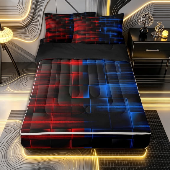 Erosebridal Dynamic Futuristic Zipper Twin Comforter Sets with Fitted Sheet and 2 Pillowcases,Glowing Square Print Zipper Bedding Set,Red Blue Black,Black Reversible