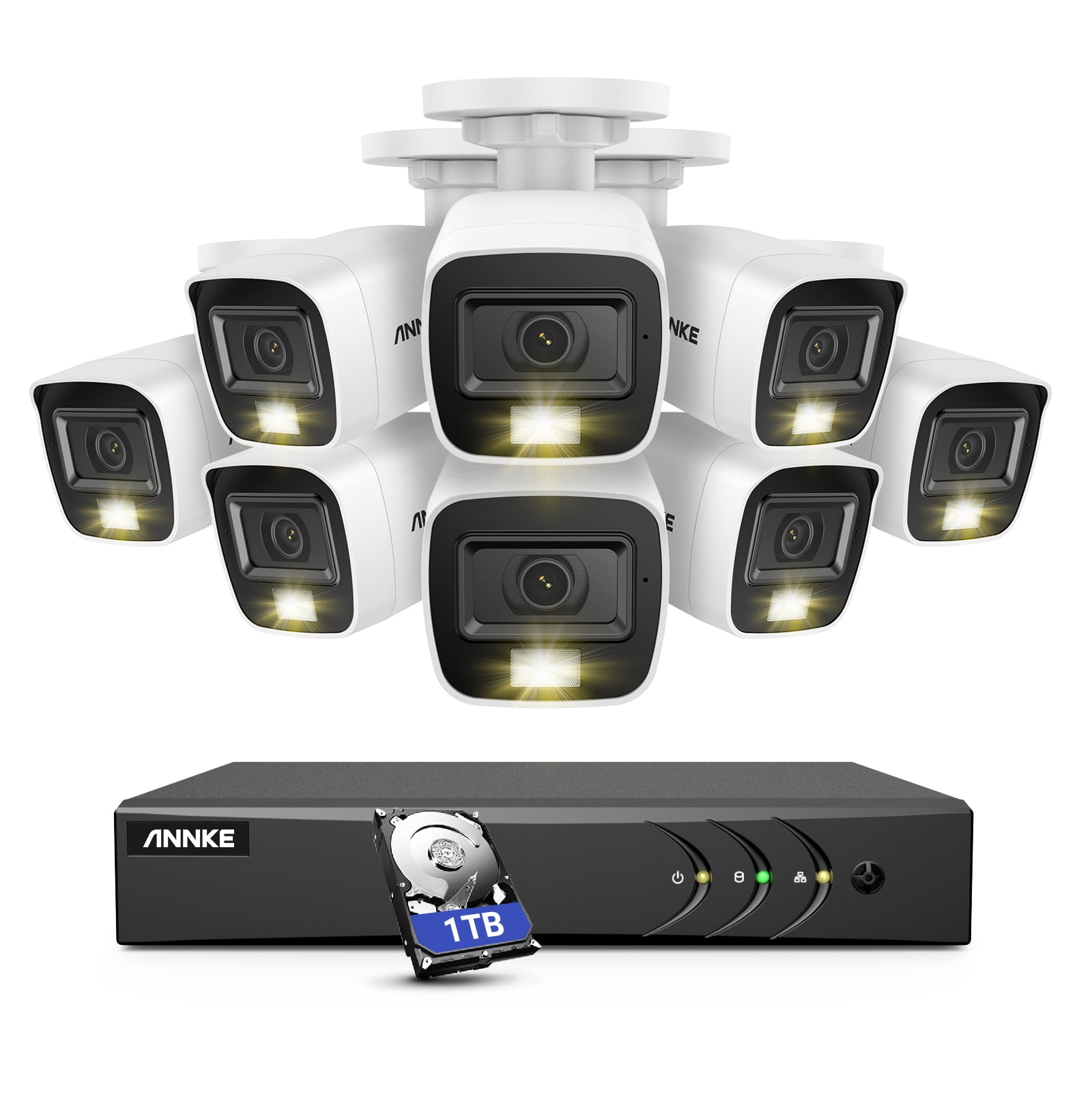 ANNKE 8CH H.265+ 2MP Home Wired Camera Security System with Audio, 3K Lite AI DVR and 8X1080P IP67 Weatherproof Cameras, 1TB HDD, Intelligent Dual Lamp，Human/Vehicle Detection, 100ft Color Night Visi