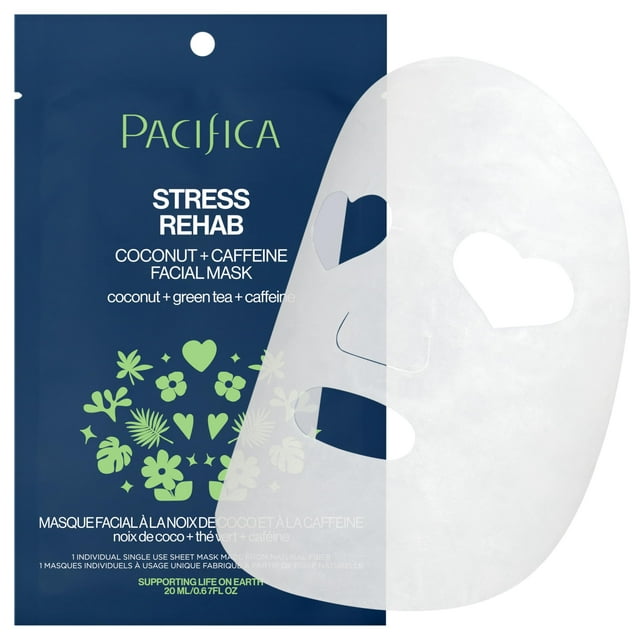 Mascarilla de hoja Pacifica - Mascarilla facial de coco y cafeína para rehabilitación de la piel - Mascarilla de hoja para enrojecimiento e hinchazón infundida con té verde, cúrcuma y ácido hialurónic