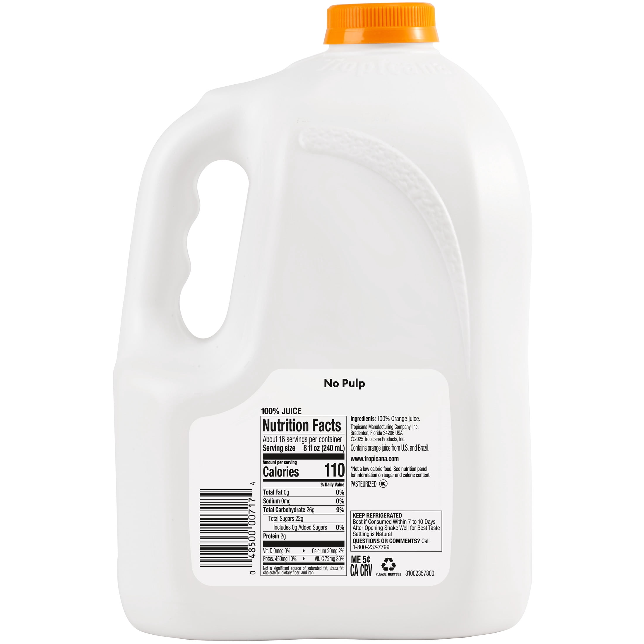 Tropicana Pure Premium Original No Pulp 100% Orange Juice, 128 Fl Oz Jug