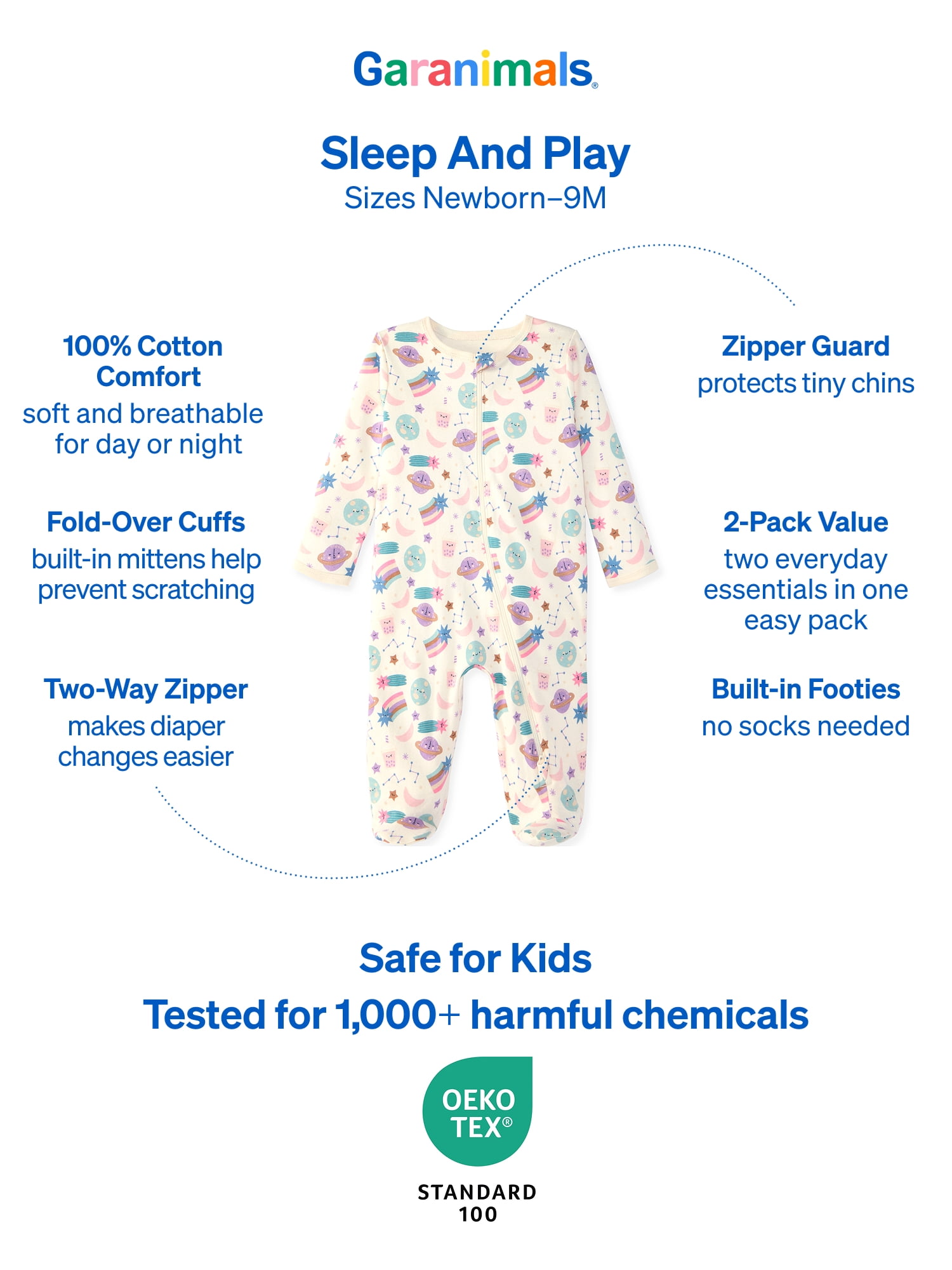 Garanimals Newborn & Baby 100% Cotton Footed Sleep & Play, Sizes Newborn–9M, 2-Pack
