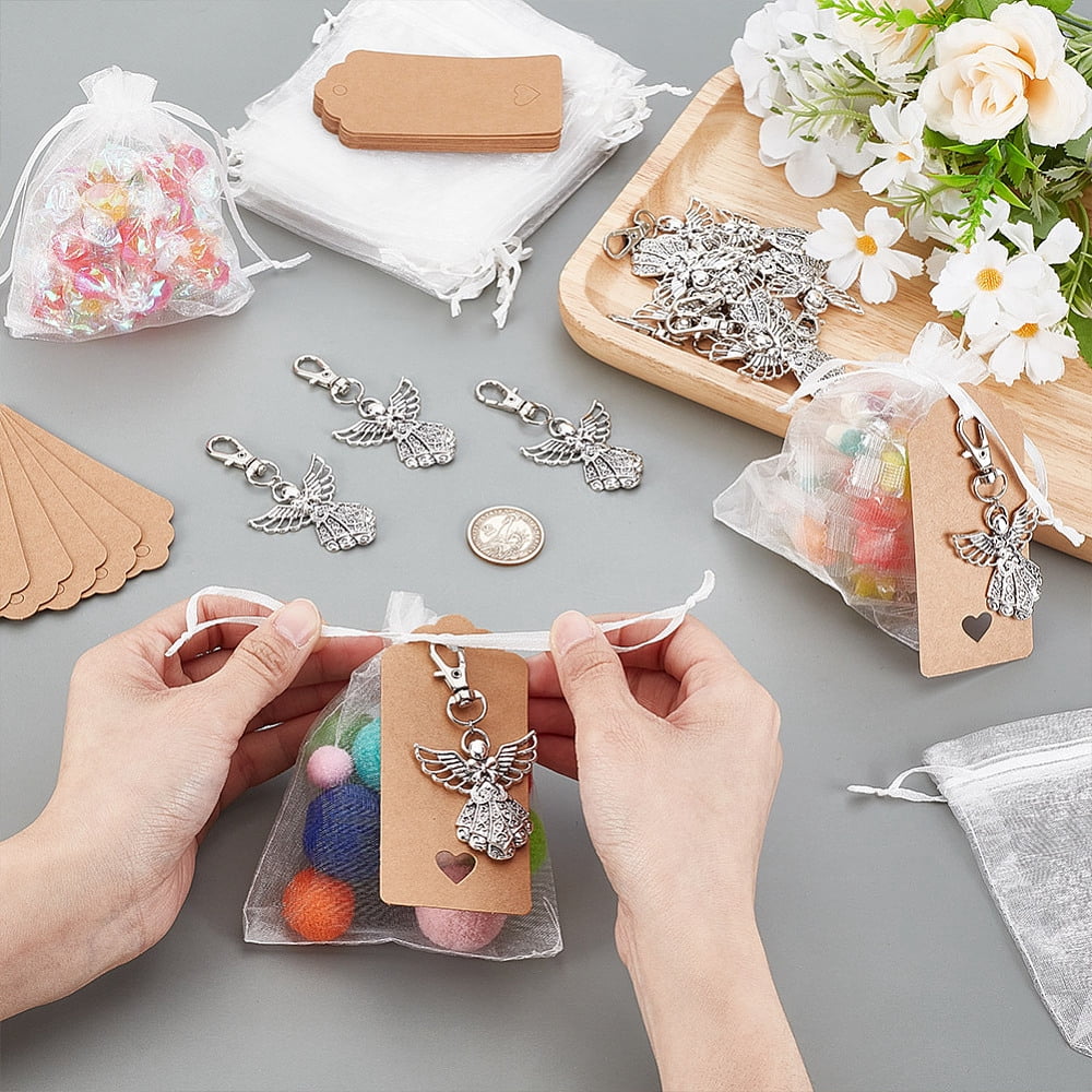 24 Sets Angel Keychains Favor Angel Fairy Tibetan Style Alloy Pendant Keychains with Thank You Tags Drawstring Organza Gift Bags Birthday