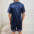 thumbnail image 4 of Conjunto de pijama de satén de manga corta para hombre, ropa de dormir de verano para hombre, camisa abotonada y pantalón corto con cintura elástica, pijama de 2 piezas para estar en casa., 4 of 5