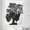 thumbnail image 1 of Black and White Tapestry, Monochrome Silhouette Art of Lady with Afro Tree Look Hair Flying Birds, Fabric Wall Hanging Decor for Bedroom Living Room Dorm, 5 Sizes, Charcoal Grey, by Ambesonne, 1 of 1