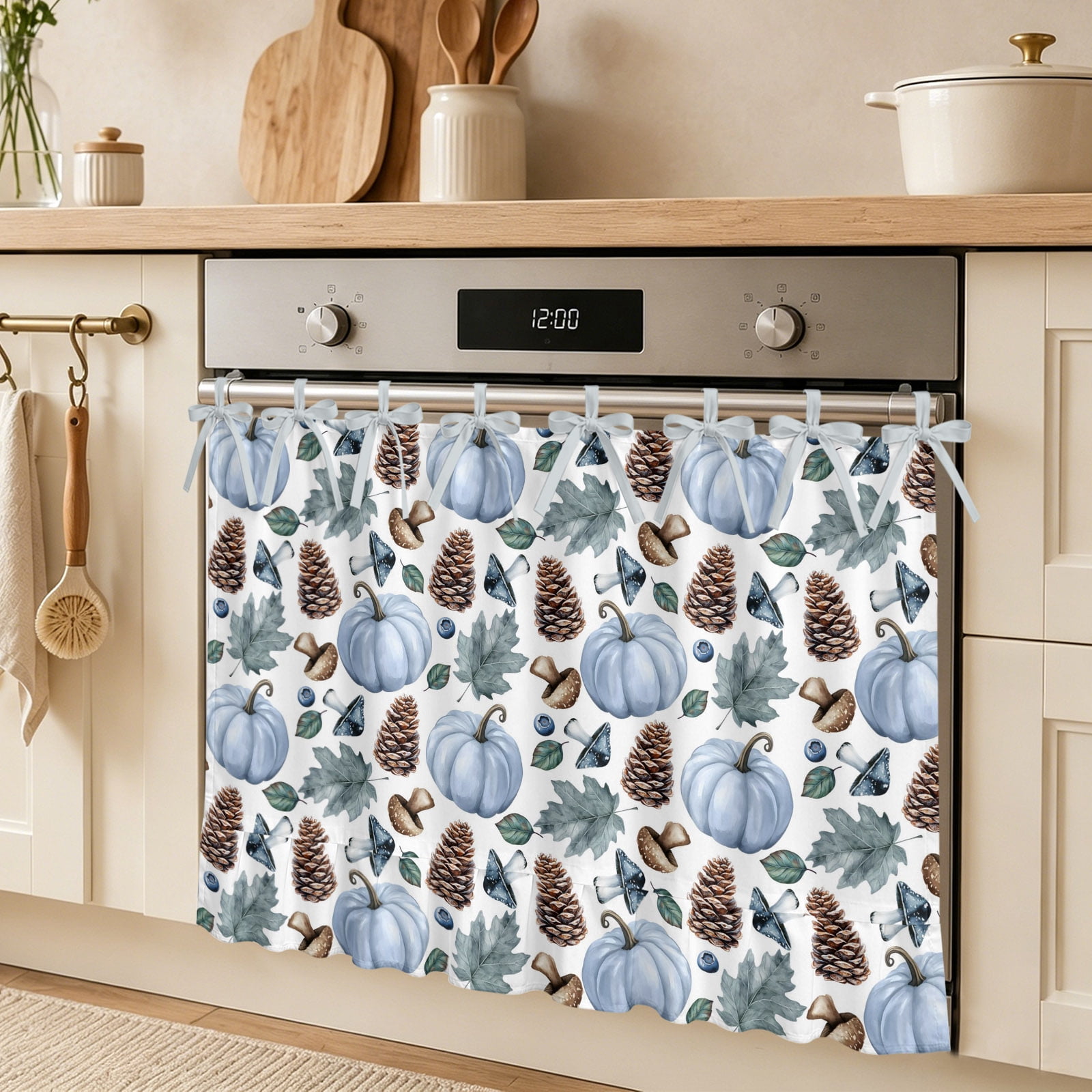 Blue Pumpkin Oven Skirt Curtain Pine Cone Watercolor Maple Leaf Mushroom Tie Top Tier Curtains Stove Dishwasher Skirt Small Window Drapes for Kitchen Bathroom Cafe 27 x20