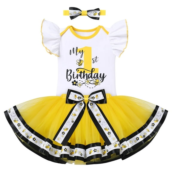 FYMNSI Bee Outfit Baby Girl 1st Birthday Cake Smash Set First One Year Old Party Dress Flutter Sleeve Cotton Romper Princess Tutu Tulle Skirt Bowknot Headband 3pcs Set 1 Year