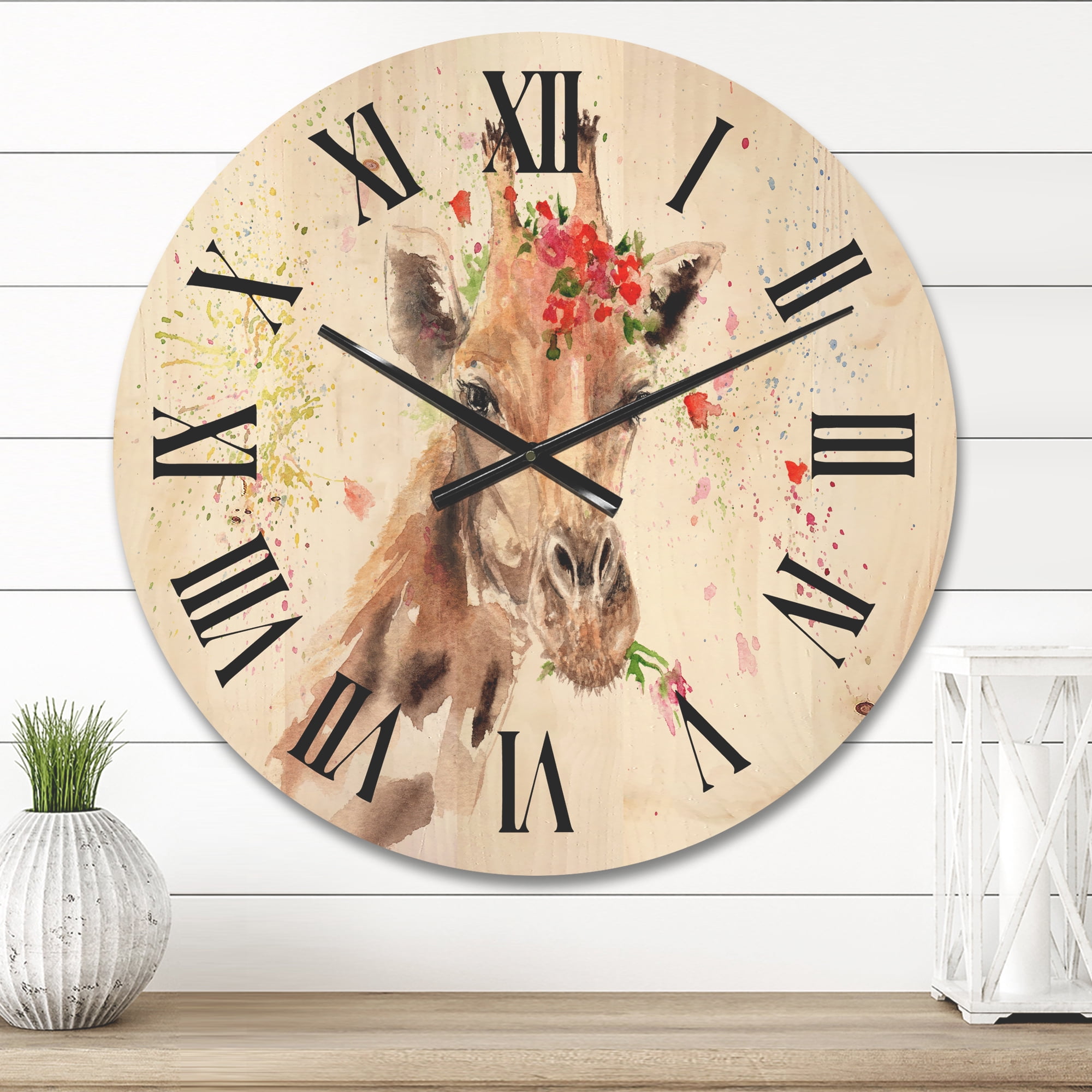 Designart 'Portrait of A Giraffe With Red Flowers II' Farmhouse Wood Wall Clock