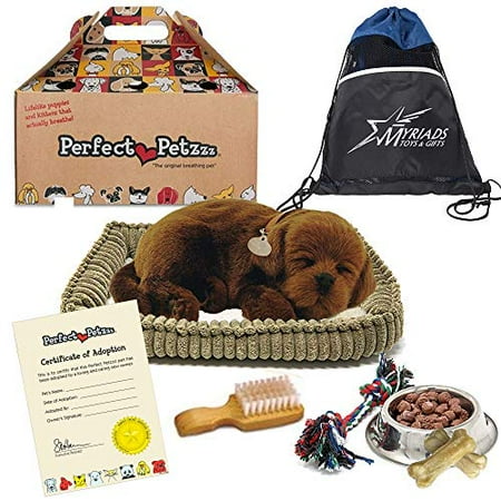 Lab Dog Plate - Perfect Petzzz Plush Chocolate Lab Breathing Puppy Dog with Dog Food, Treats, and Chew Toy Includes Myriads Drawstring Bag