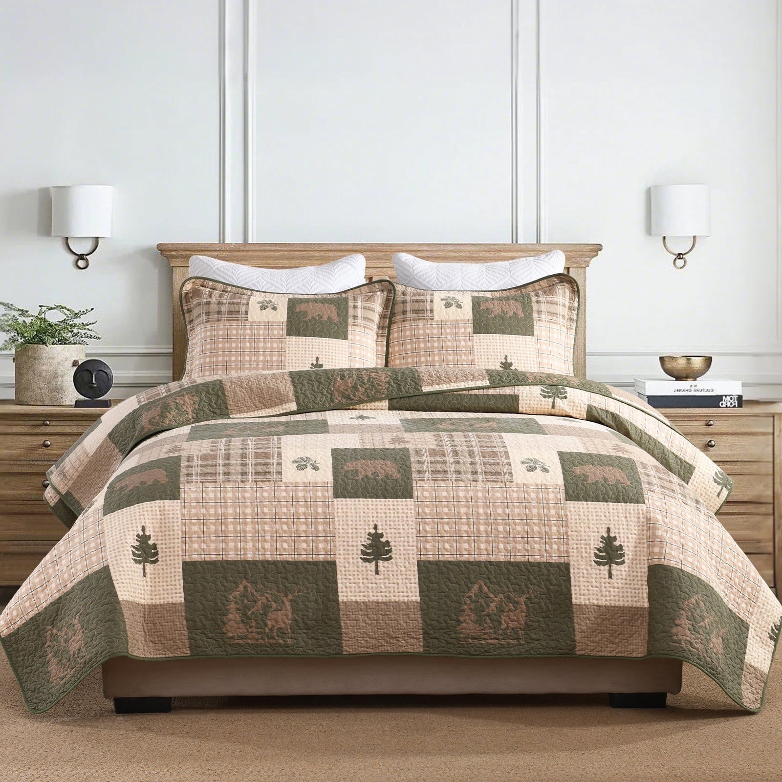 PANGUSHAN 100% Cotton King Quilt Set, Farmhouse Plaid King Size Quilt Bedding Set Bedspreads, Reversible Quilted Lightweight Comforter, Beige/Grayish Green/Brown Bed Spread for King Bed, 3pcs