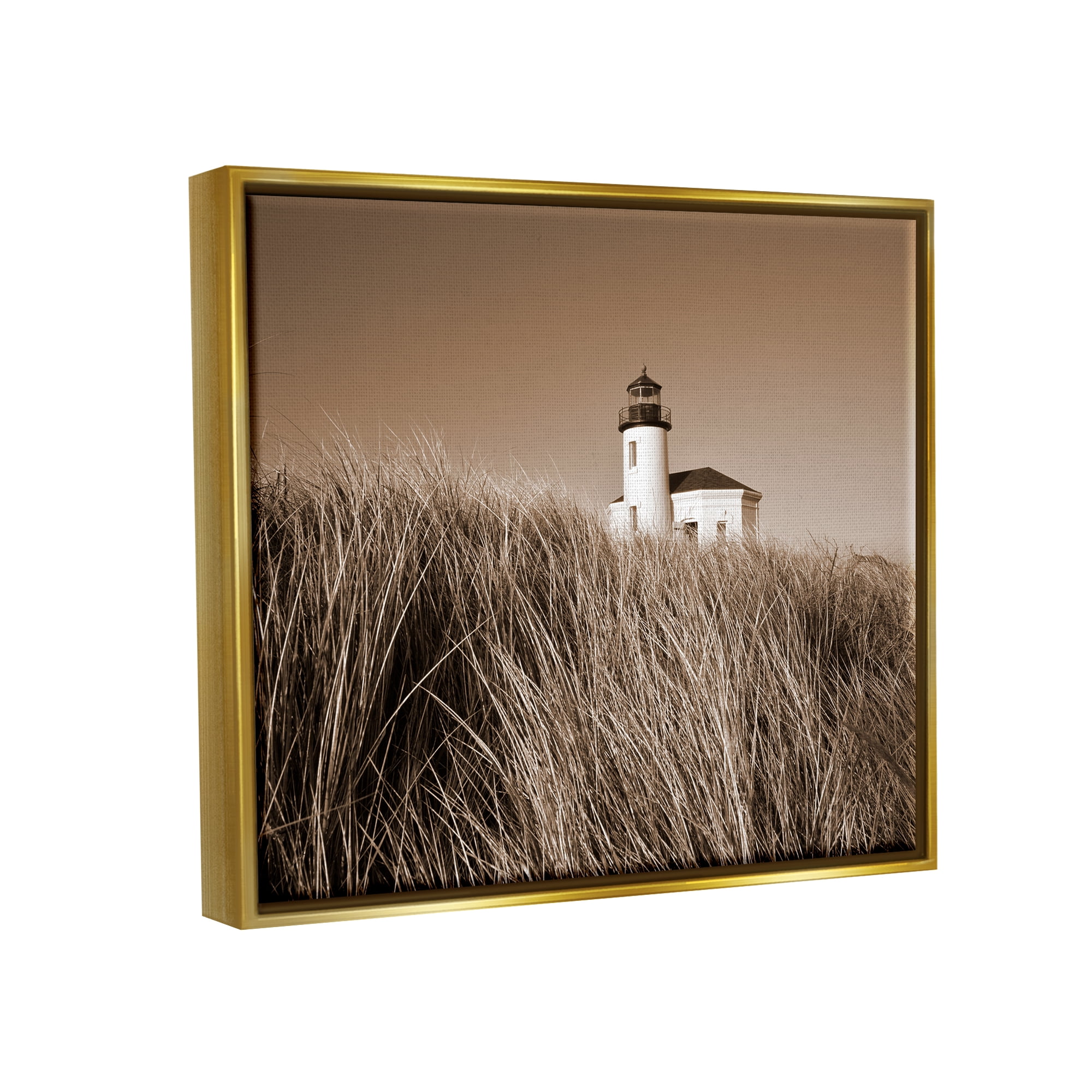 Stupell Industries Seaside Lighthouse Beach Grasses Photography Coastal Photography Gold Floater Framed Art Print Wall Art