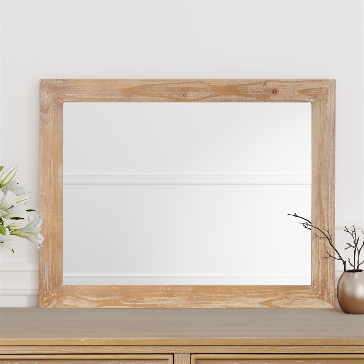 Rustic Wooden Framed Wall Mirror,Natural Wood Bathroom Vanity Mirror