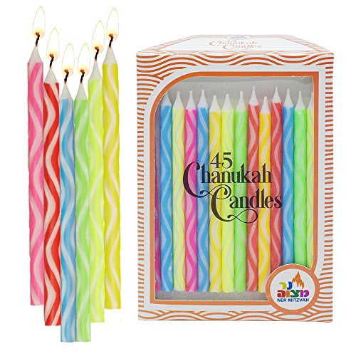 by Ner Mitzvah 45 Count for All 8 Nights of Hanukkah Assorted Colors Premium Quality Diamond Engraved Chanukah Candles Standard Size Candle Fits Most Menorahs