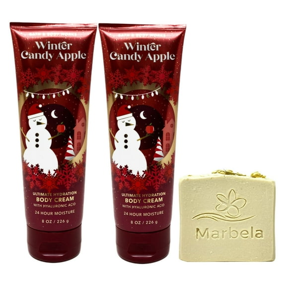 Bath & Body Works Winter Candy Apple Body Cream 2 Pack with a Marbela Wild Jasmine Bar Soap.