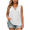 thumbnail image 3 of VBVC Women's Plus Ribbed Lace-Up V-Neck Tank Top, Ladies' Sleeveless Casual Loose Fit Blouse, Solid Color Summer Layering Shirt For Women,White,XL-5XL, 3 of 9