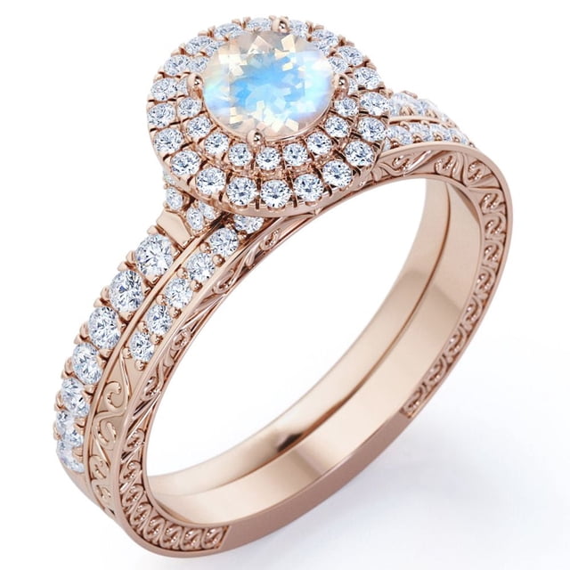 JeenMata Anillo de Estilo Eduardiano Piedra Lunar Azul Redonda de 1,75 Quilates y Moissanita: Juego de Anillos de Boda con Halo Doble Pavé: Baño de Oro Rosa de 18 K sobre Plata