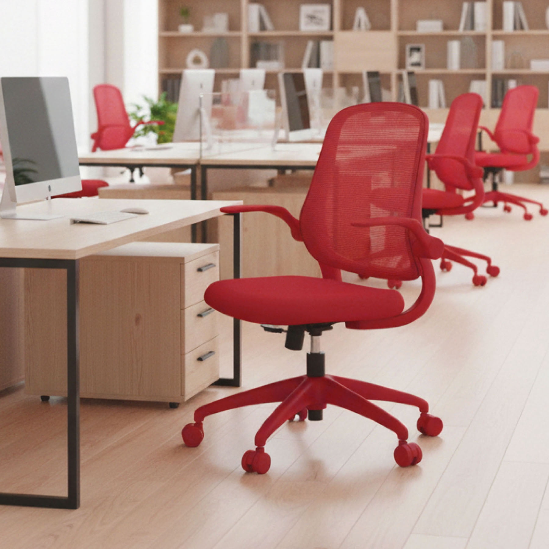 S-HOME Modern Ergonomic Mesh Back Office Chair With Fireproof Nylon Fabric, Rotating Design And Gas Lift For Support, Adjustable Height And Flip-Up Armrests  For Home Offices, Red