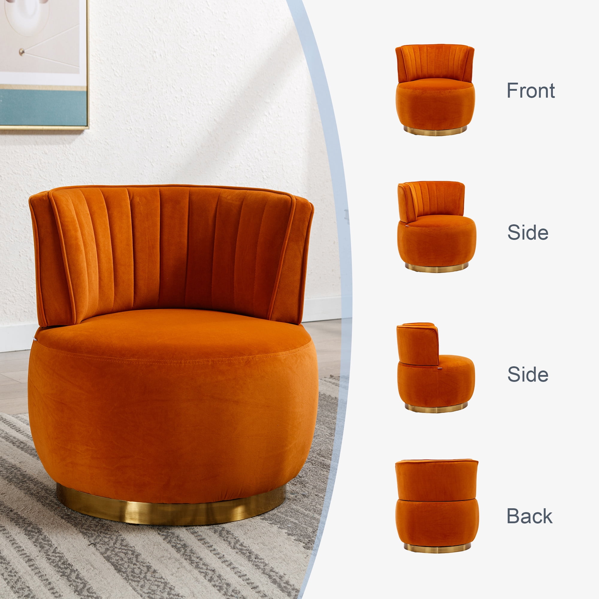 MOONMISS Velvet Upholstered 360 Degree Swivel Armless Round Barrel Chairs for Living Room-Orange