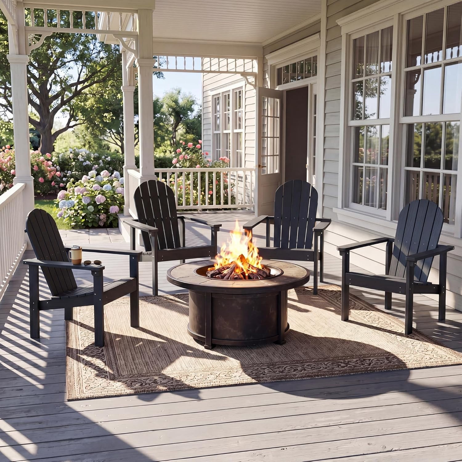 WBTER Stackable Modern Adirondack Chair, HDPE Outdoor Patio Chair with Space-Saving Design, All-Weather Fire Pit Chair with Widened Seat for Deck, Backyard, Garden, Lawn (Black)