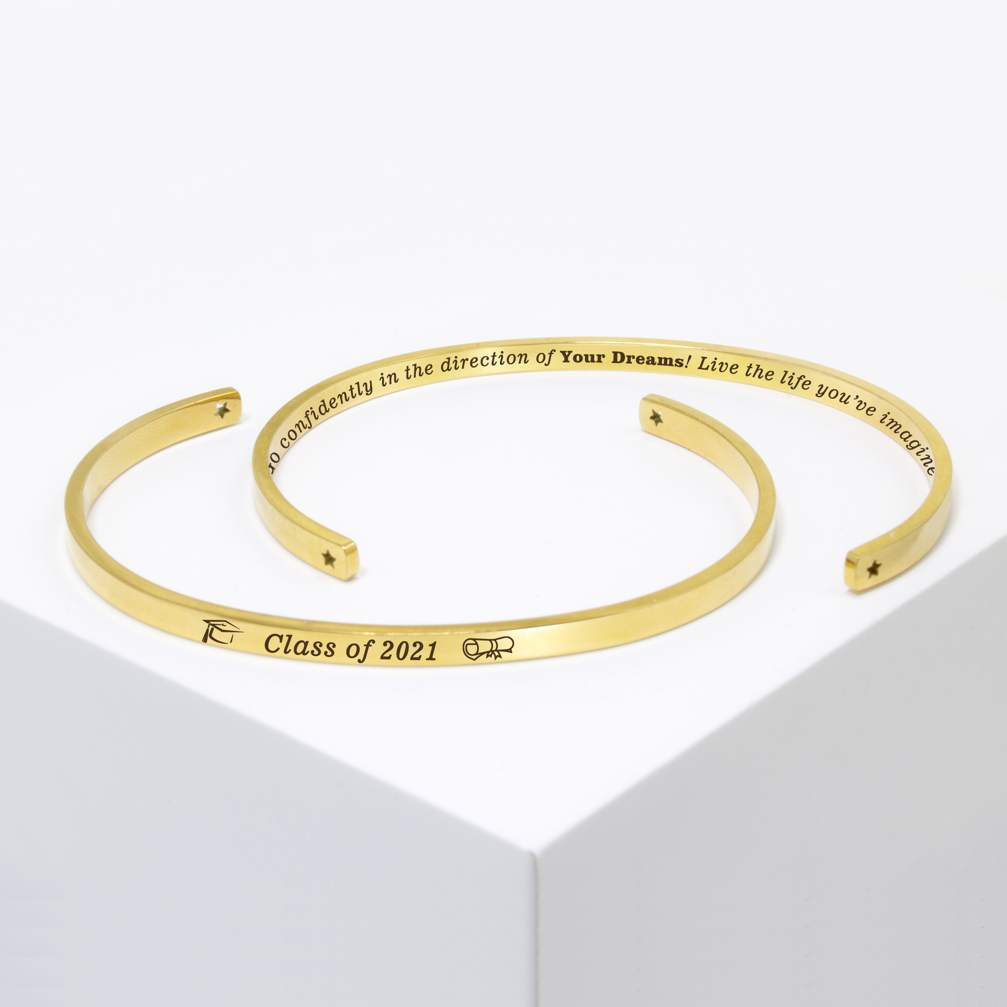 "Go confidently in the direction of…" Gold Stainless Steel Graduation Theme Hidden Message Gift for Her Cuff Bracelet with Gift Set