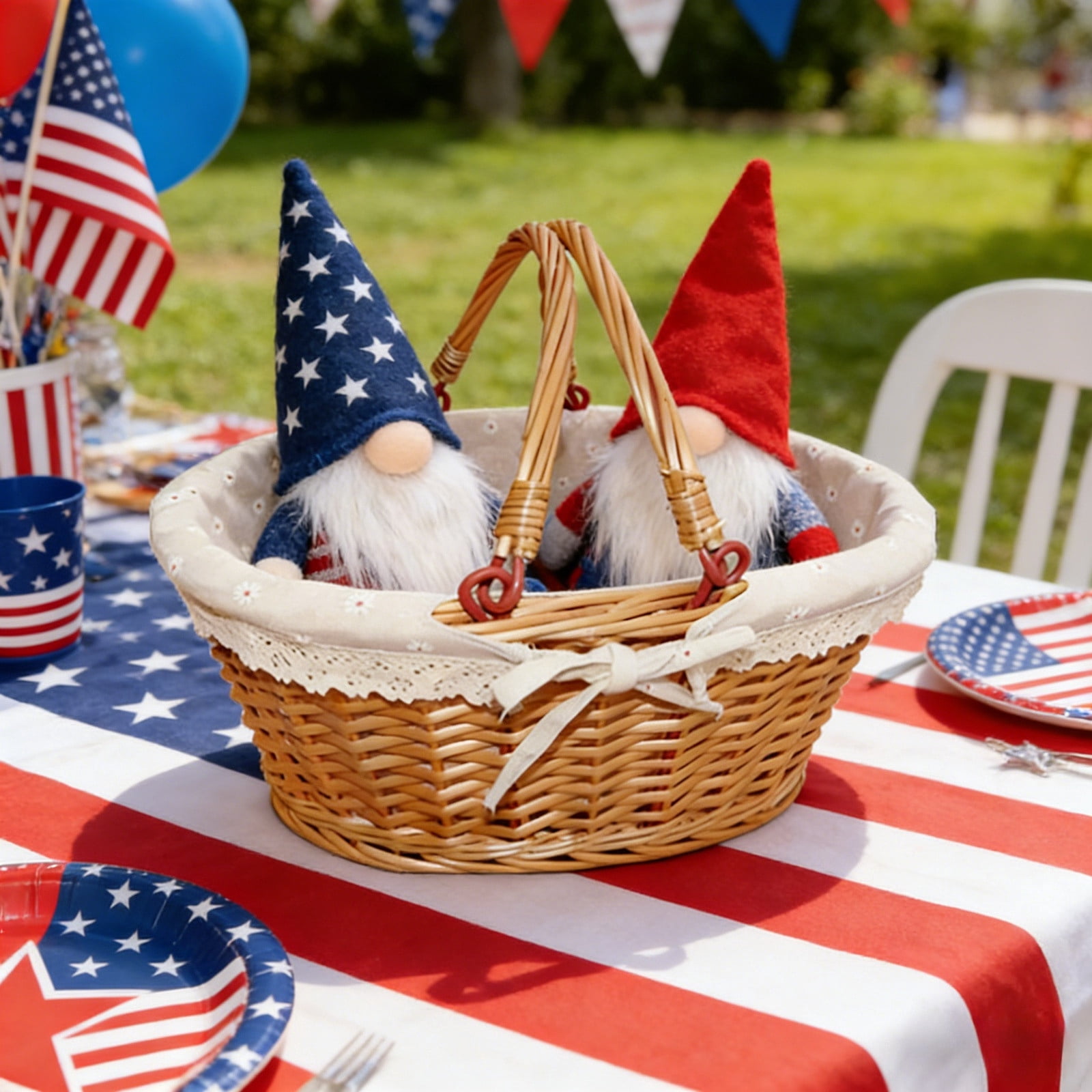 Handwoven Wicker Picnic Basket With White Liner & Handle Decorative Storage Basket For 4th Of July Easter Wedding Grocery Shopping