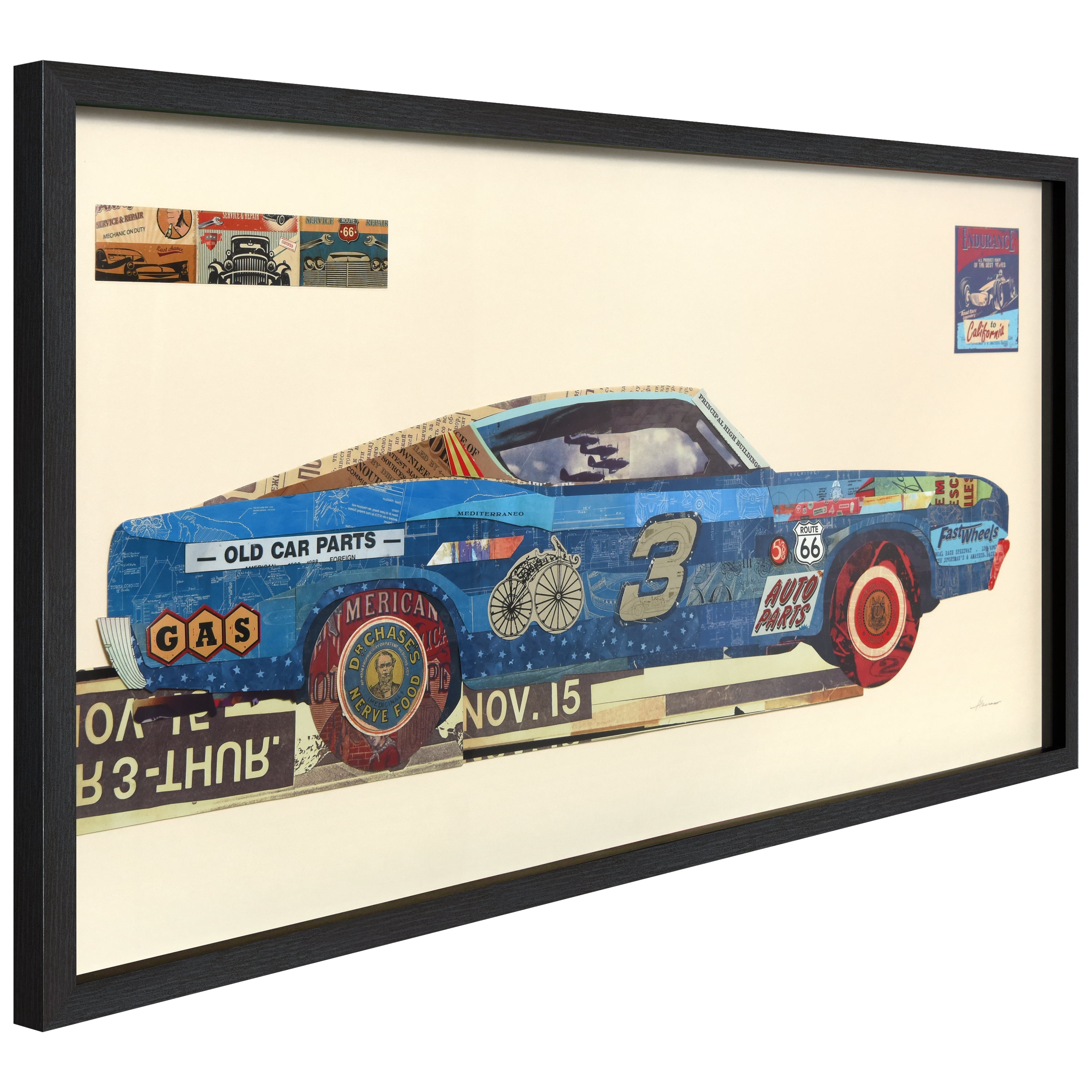 "Muscle Blue Car" Dimensional Collage Framed Graphic Art Under Glass Wall Art