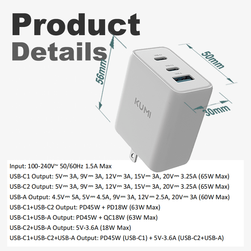 KUMI GaN 65W PD Fast Wall Charger Fast Wall Charger TypeC 3-Port Power Adapter