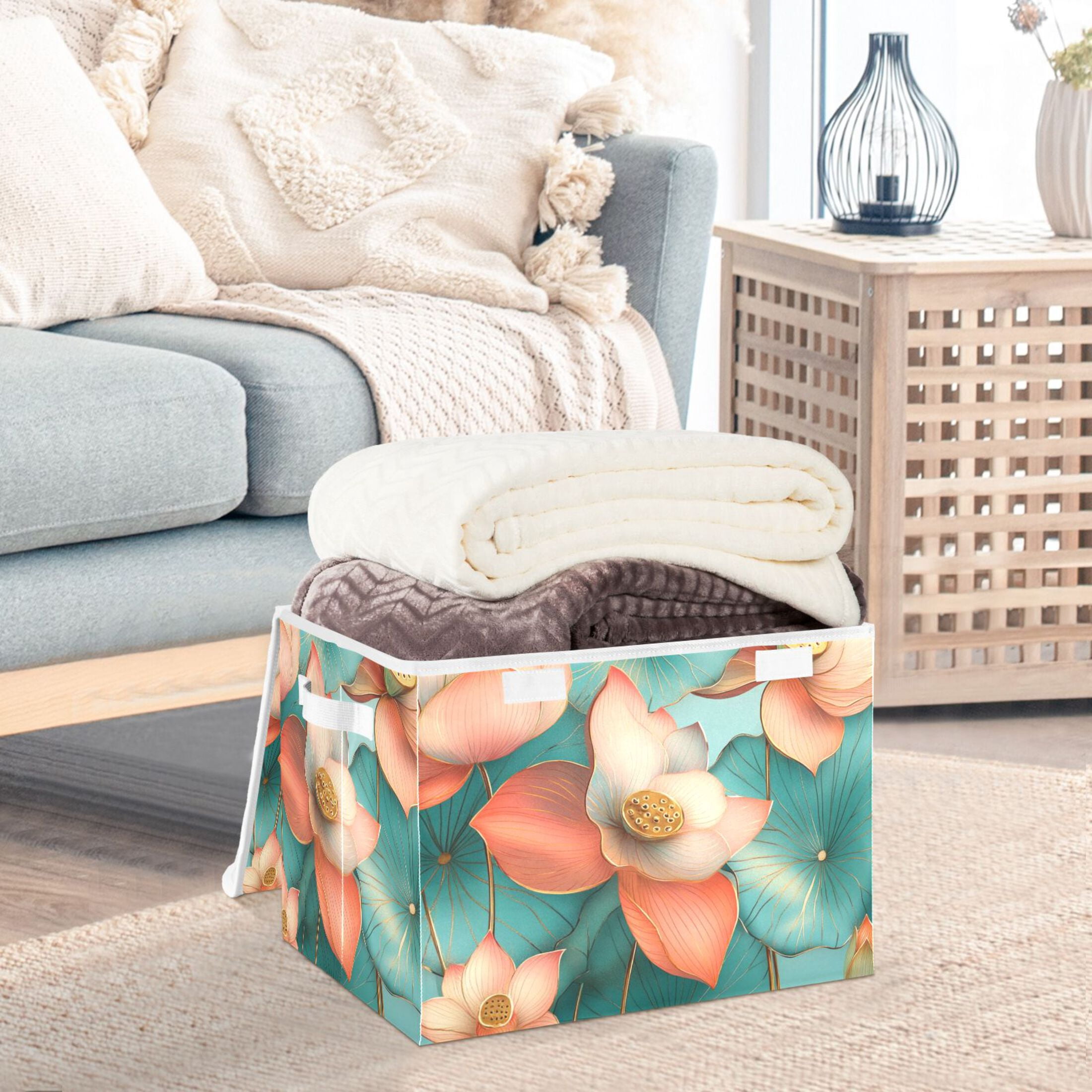 Pink Lotus Picture Large Storage Bins with Linen Collapsible Lid Storage Box 16.7 x 12.6 x 11.8in