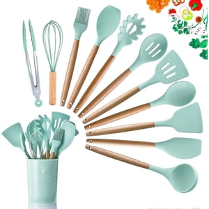 Ensemble de produits de cuisine en silicone, résistant à la chaleur, poignée en bois, BPA Gratuit, Cuisiniers en silicone non toxiques, verts, 11-Piece ensemble