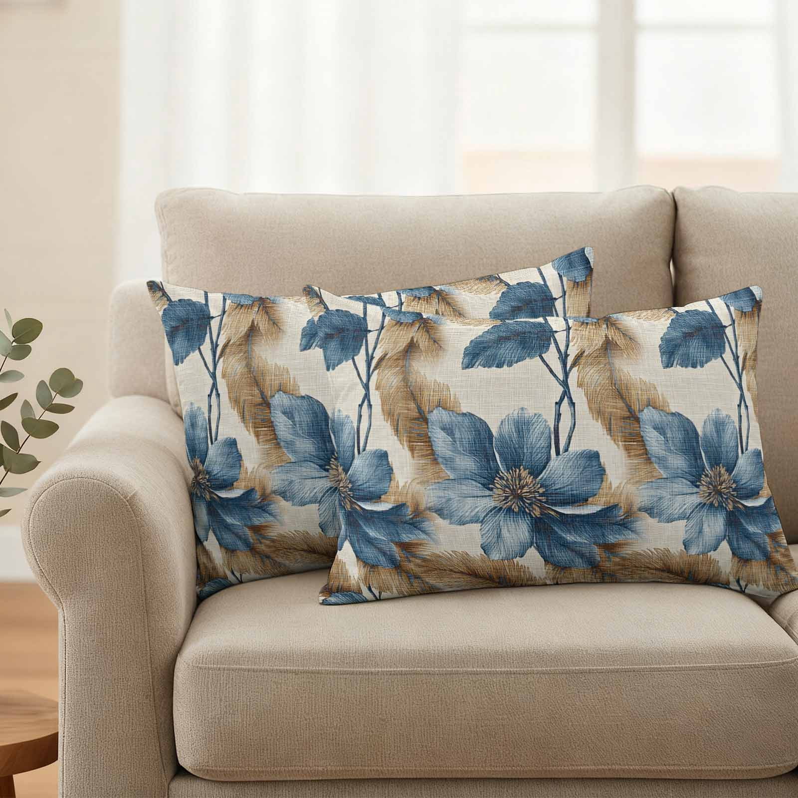 Blue Brown Botanical Outdoor Waterproof Pillow Covers, Flowers Vintage Summer Decorative Rectangle Throw Pillowcase Sofa Cushion Sham for Patio/Couch/Chair, 20"x12" 2 Pack