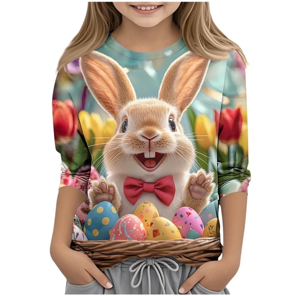 Favoffer Toddler Big Kid Boys Girls 3/4 Sleeve Tee Spring Easter Print Casual Pattern Crew Neck Basic Top for Daily School Party Holiday Sizes 3-13Y