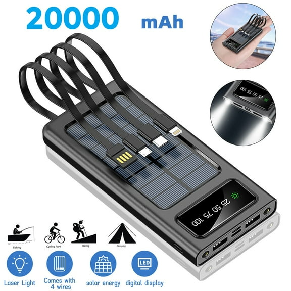 Solar Power Bank 20000mAh, DFITO Solar Charger built-in 4 USB Charging Cable