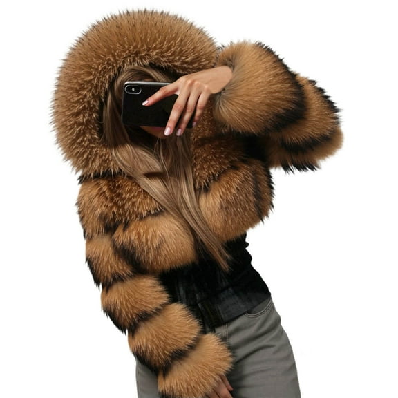 DHFJKG Womens Fur Cropped Coat With Hood Fuzzy Solid Color Long Sleeve Zipper Crop Outerwear For Winter Warmth Soft Leisure Coat