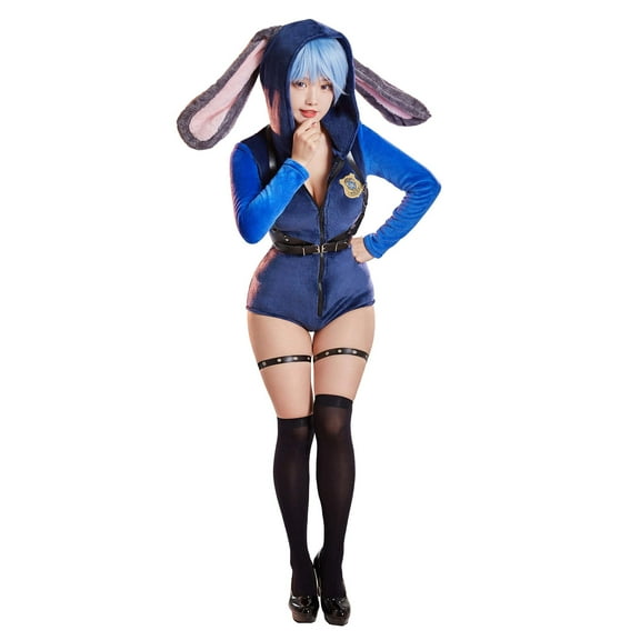 MEOWCOS Cute Fluffy Bodysuit for Women Bunny Long Sleeve Jumpsuit with Choker Belt and Tail, S