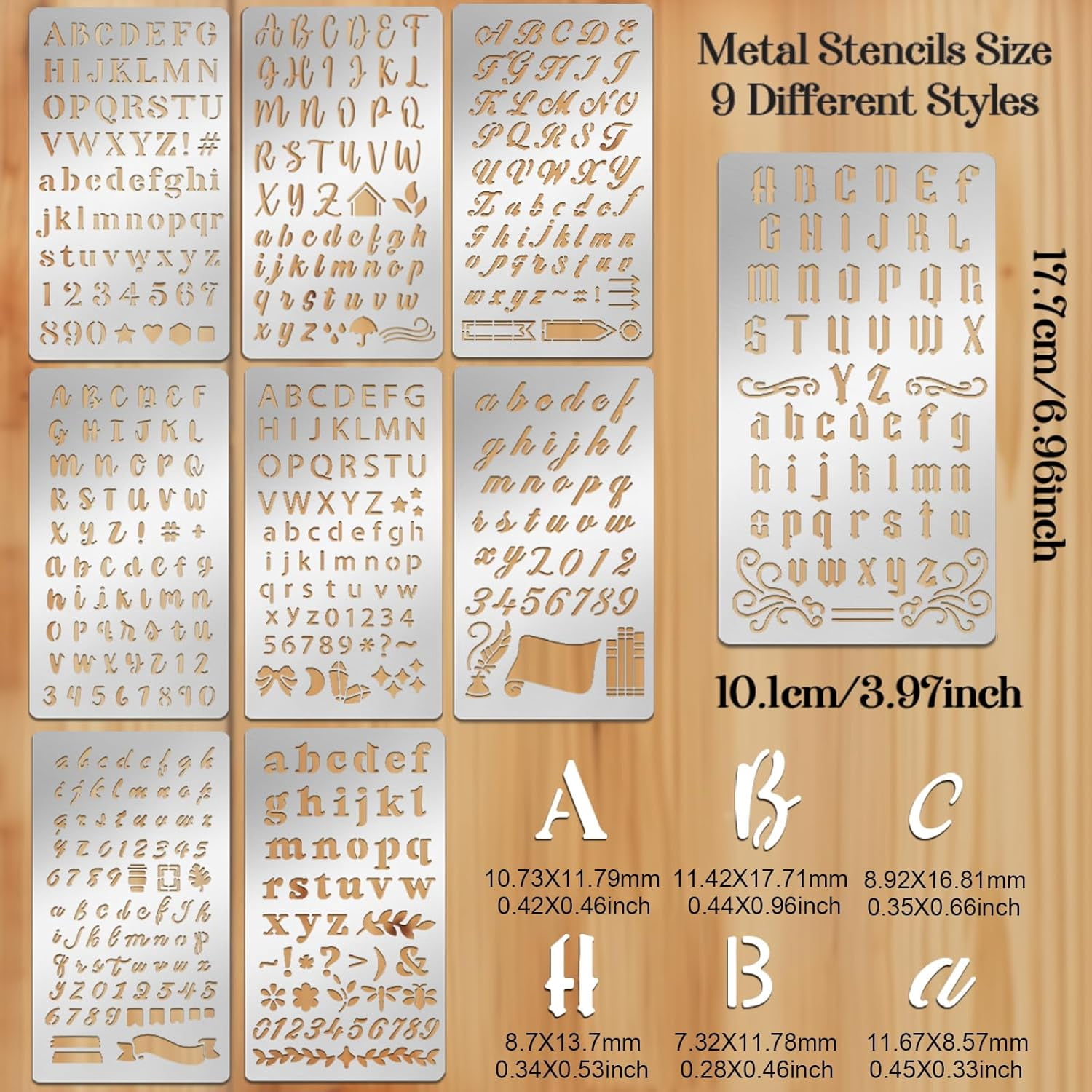 Metal Stencil 9 Pack Letter Stencils 4 x 7 Inch Wood Burning Stencils Stencils for Journaling Reusable Alphabet Number Templates Calligraphy Stencils for Drawing Engraving Scrapbooking