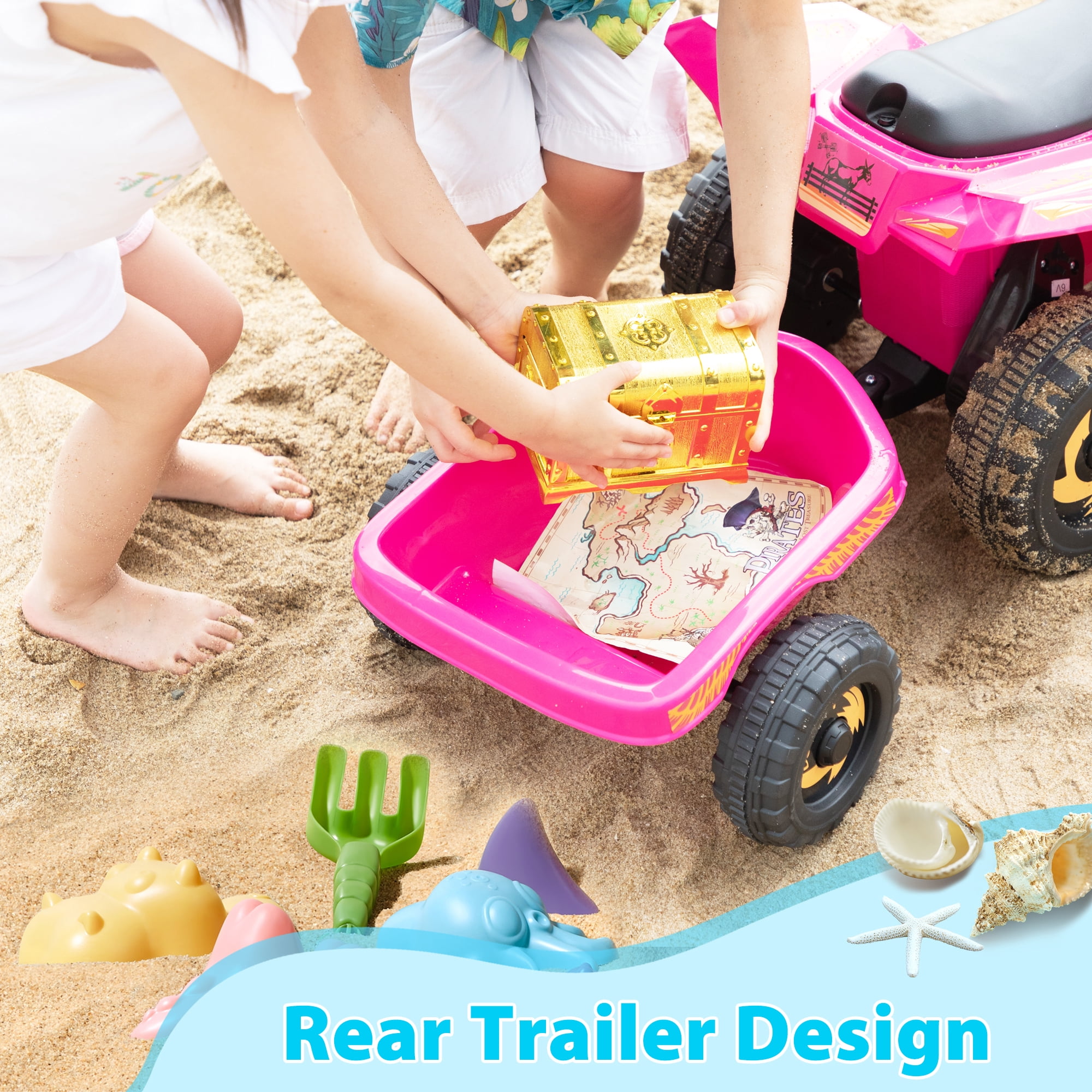 TOBBI Kids ATV, 6V 4 Wheeler Electric Quad Car Ride on Toys with Trailer, Bluetooth, Music, Horn, Rose Red