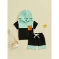 thumbnail image 2 of FEORJGP Kids Boys Summer Outfits 6M 1T 2T 3T 4T Toddler Baby Short Sleeve Sweatshirt Hooded T-shirt Hoodies Pocket Tops + Elastic Waist Shorts Infant Little Boys Casual 2 Piece Contrast Color Set, 2 of 9