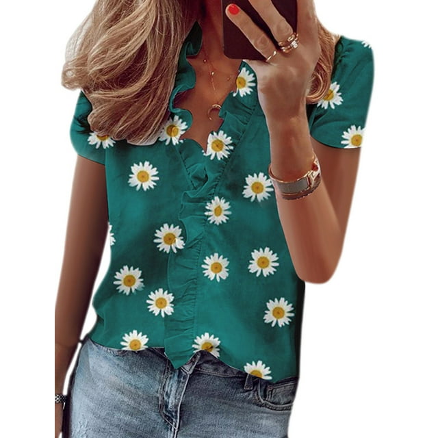 Fashnice Women Blouse Ruffle Tops V Neck Shirts Basic Office Pullover Top Daisy Green L