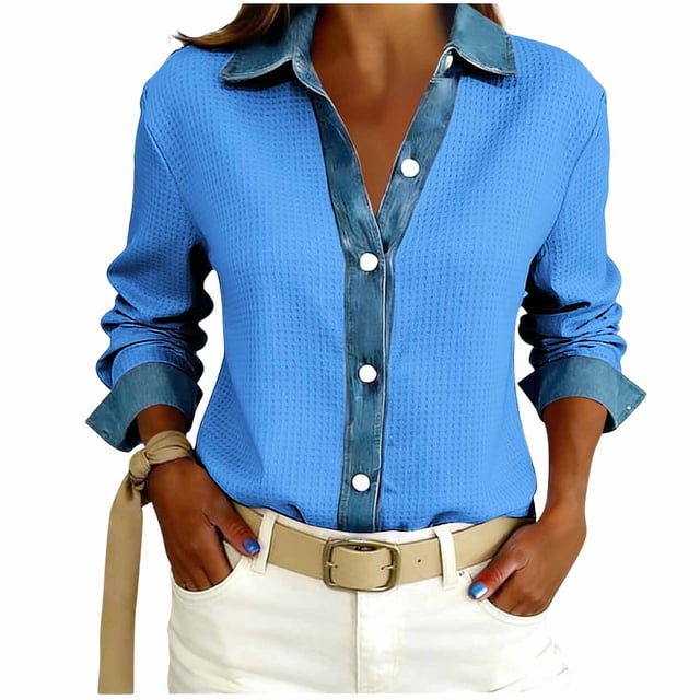 TaTaai Women's Loose Fit Blouse Long Sleeve Lapel Collar Waffle Knit Design Button Front Denim Style Casual Top Gift