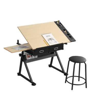Height Adjustable Drafting Table with Tilting Tabletop, 2 Drawers and Stool, Watercolor Paintings Sketching Work Station with Bookshelf for Student Adults, White Oak