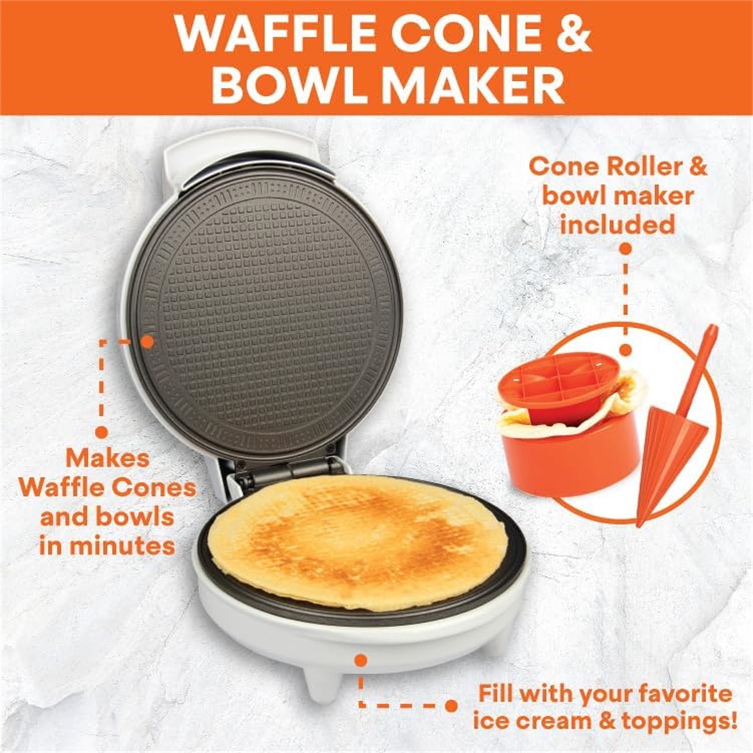 Waffle Cone and Bowl Maker- Includes Shaper Roller & Bowl Press- Homemade Ice Cream Cone Treat Baking, Cookie Iron Machine, Portable Electric Kitchen Appliance for DIY Sundae Parties, Gift