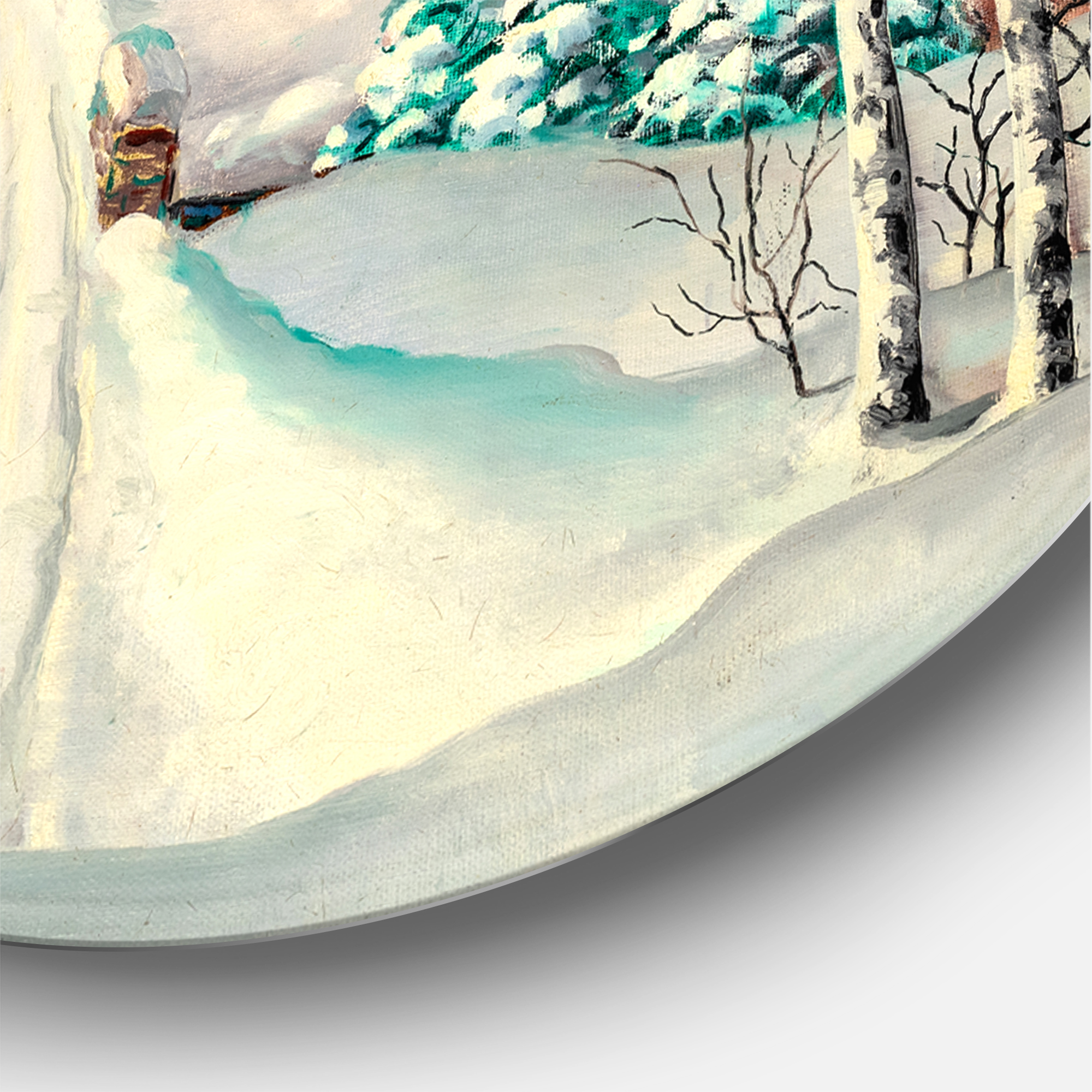 Designart 'Snowy Road In Countryside Winter Landscape' Traditional Circle Metal Wall Art 29x29 - Disc of 29