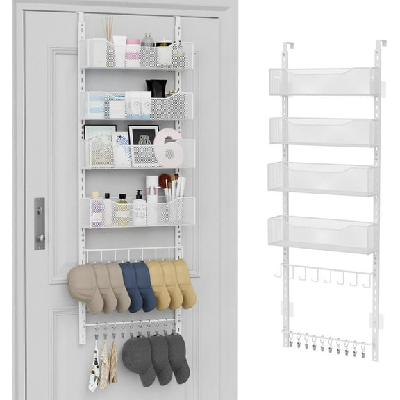 Over the Door Organizer, 2 in 1 Metal Hanging Closet Organizer & Hat Rack with 4 Adjustable Baskets, 8 Hooks, 10 Clips, Behind The Door Storage for Bedroom, Bathroom, Entrance, Closet, Kitchen, White