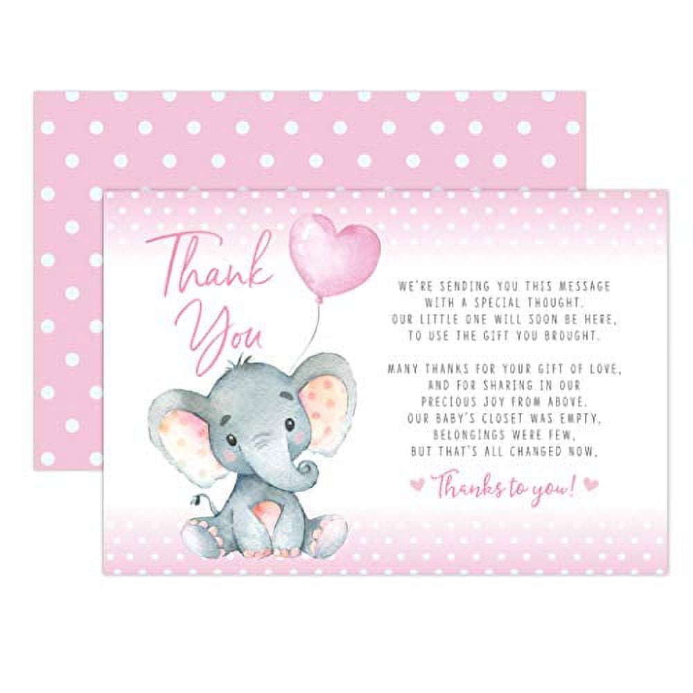 Pink Elephant Baby Shower Thank You Cards 20 Count Including